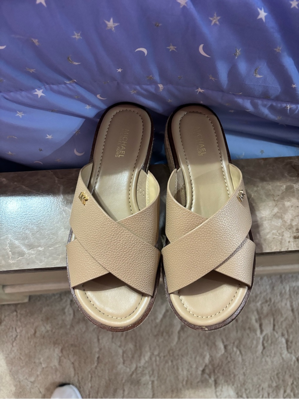 Michael Kors Taupe Crisscross Slide Mules with Gold MK Accent